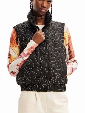Desigual Black Boho Stitched Wavy Quilted Hooded Puffer Vest Artsy
